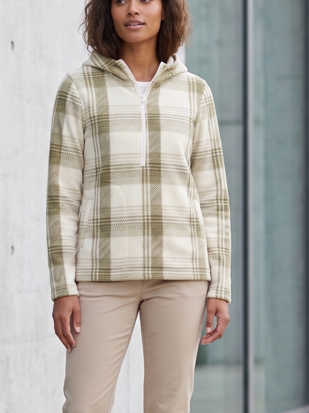 O'Neill tan & Cream Plaid Half-Zip Hoodie Pullover